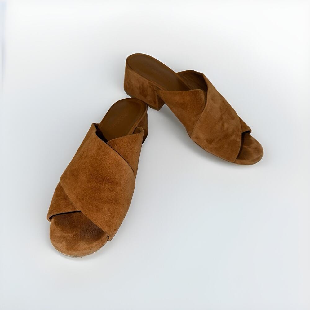 Vince Suede Criss Cross Block Heel Mules 6.5 M Camel Tan Leather Sole JB2